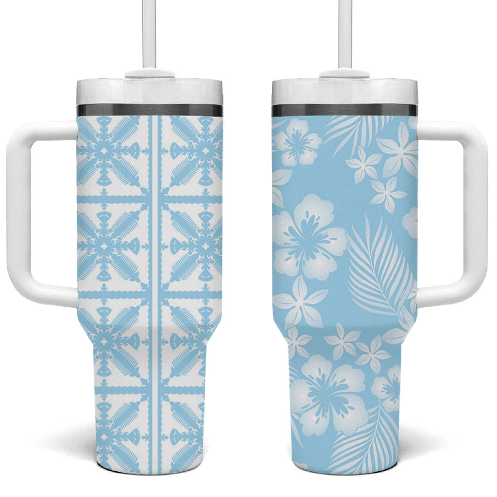 Pastel Blue Kahili Quilt Hawaii Tumbler With Handle Tropical Flower Seamless Half Style LT14 One Size: 40 oz Blue - Polynesian Pride
