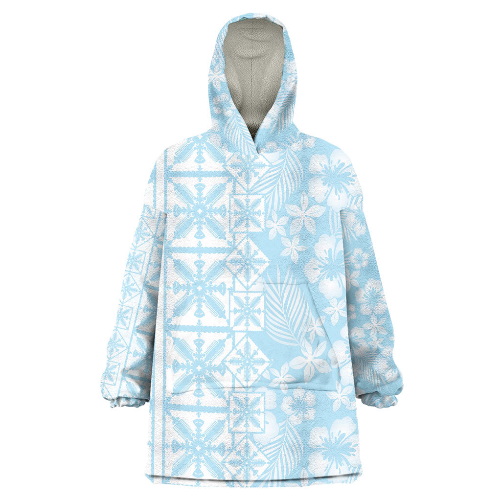 Pastel Blue Kahili Quilt Hawaii Wearable Blanket Hoodie Tropical Flower Seamless Half Style