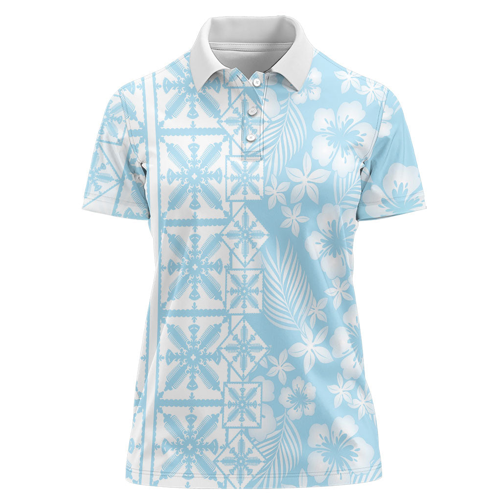 Pastel Blue Kahili Quilt Hawaii Women Polo Shirt Tropical Flower Seamless Half Style LT14 Female Blue - Polynesian Pride