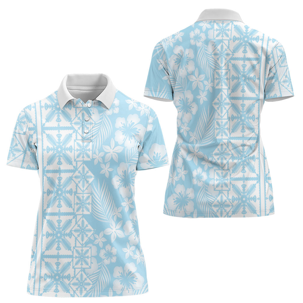 Pastel Blue Kahili Quilt Hawaii Women Polo Shirt Tropical Flower Seamless Half Style