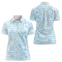 Pastel Blue Kahili Quilt Hawaii Women Polo Shirt Tropical Flower Seamless Half Style