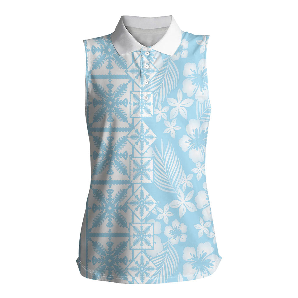 Pastel Blue Kahili Quilt Hawaii Women Sleeveless Polo Shirt Tropical Flower Seamless Half Style LT14 Female Blue - Polynesian Pride