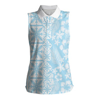 Pastel Blue Kahili Quilt Hawaii Women Sleeveless Polo Shirt Tropical Flower Seamless Half Style LT14 Female Blue - Polynesian Pride