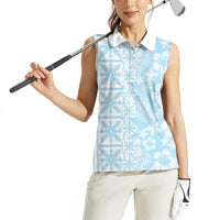 Pastel Blue Kahili Quilt Hawaii Women Sleeveless Polo Shirt Tropical Flower Seamless Half Style LT14 - Polynesian Pride