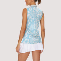 Pastel Blue Kahili Quilt Hawaii Women Sleeveless Polo Shirt Tropical Flower Seamless Half Style LT14 - Polynesian Pride