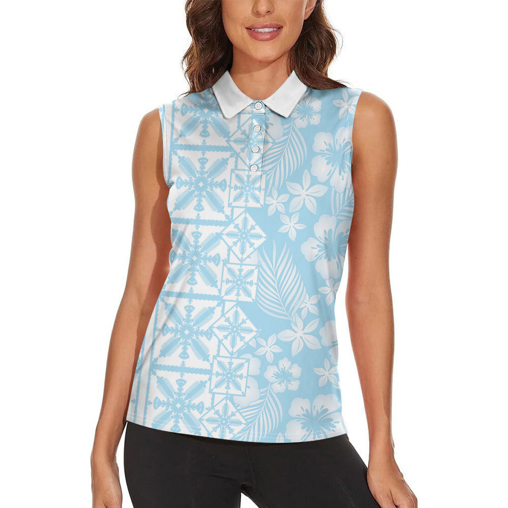 Pastel Blue Kahili Quilt Hawaii Women Sleeveless Polo Shirt Tropical Flower Seamless Half Style LT14 - Polynesian Pride