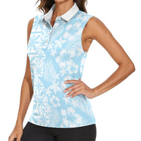 Pastel Blue Kahili Quilt Hawaii Women Sleeveless Polo Shirt Tropical Flower Seamless Half Style LT14 - Polynesian Pride