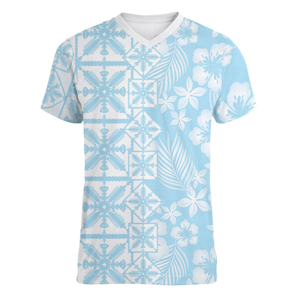 Pastel Blue Kahili Quilt Hawaii Women V-Neck T-Shirt Tropical Flower Seamless Half Style LT14 Female Blue - Polynesian Pride