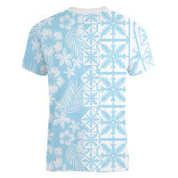 Pastel Blue Kahili Quilt Hawaii Women V-Neck T-Shirt Tropical Flower Seamless Half Style LT14 - Polynesian Pride