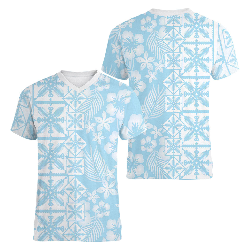 Pastel Blue Kahili Quilt Hawaii Women V-Neck T-Shirt Tropical Flower Seamless Half Style LT14 - Polynesian Pride