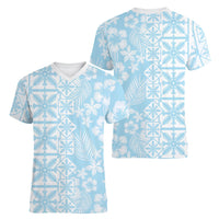 Pastel Blue Kahili Quilt Hawaii Women V-Neck T-Shirt Tropical Flower Seamless Half Style LT14 - Polynesian Pride