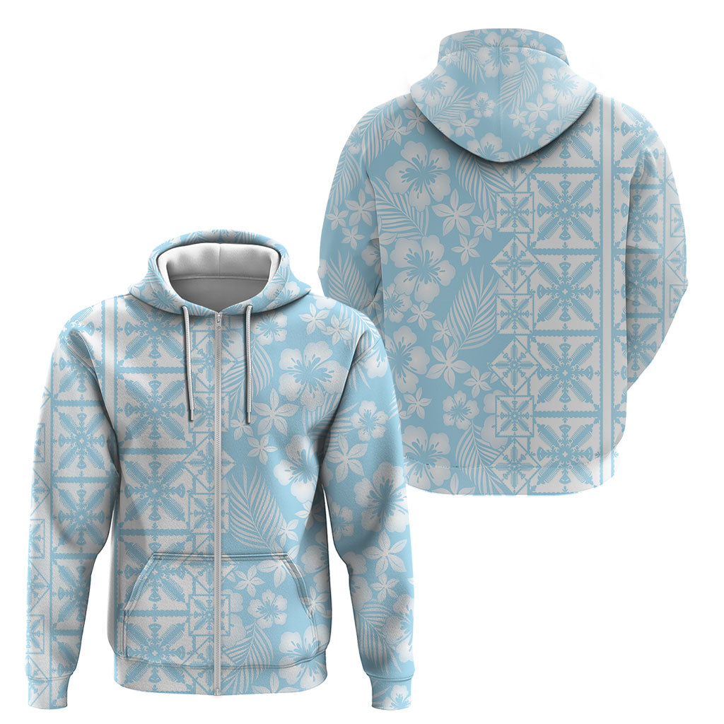 Pastel Blue Kahili Quilt Hawaii Zip Hoodie Tropical Flower Seamless Half Style LT14 - Polynesian Pride