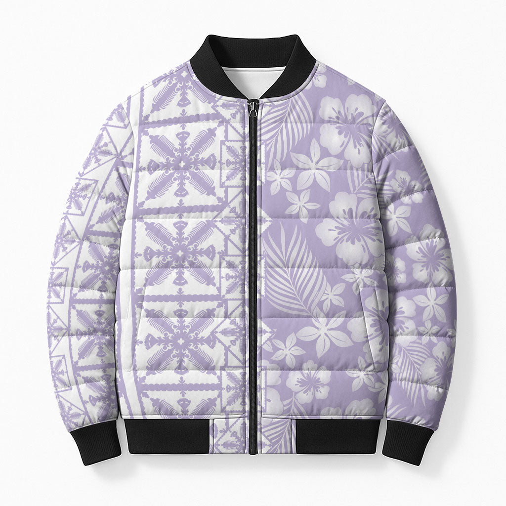 Pastel Purple Kahili Quilt Hawaii Bomber Puffer Jacket Tropical Flower Seamless Half Style LT14 Unisex Purple - Polynesian Pride