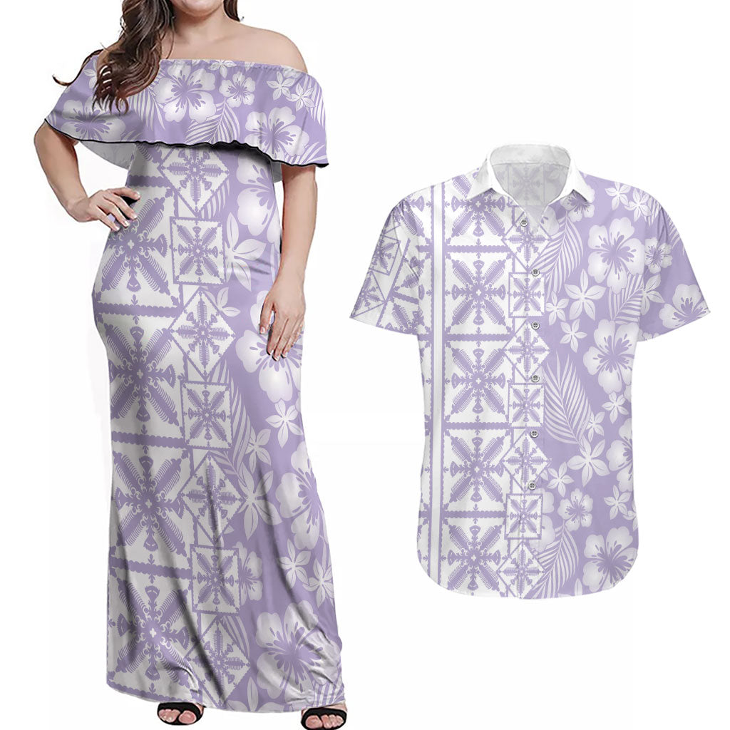 Pastel Purple Kahili Quilt Hawaii Couples Matching Off Shoulder Maxi Dress and Hawaiian Shirt Tropical Flower Seamless Half Style LT14 Purple - Polynesian Pride