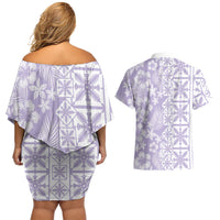 Pastel Purple Kahili Quilt Hawaii Couples Matching Off Shoulder Short Dress and Hawaiian Shirt Tropical Flower Seamless Half Style LT14 - Polynesian Pride