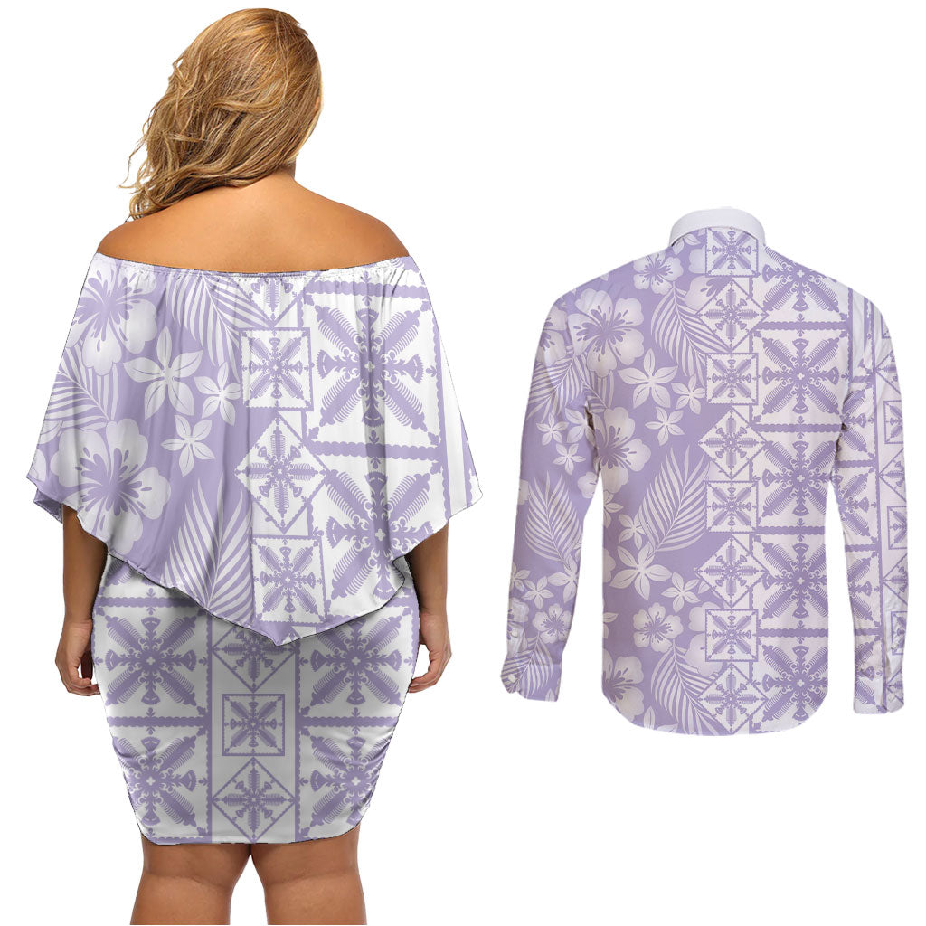 Pastel Purple Kahili Quilt Hawaii Couples Matching Off Shoulder Short Dress and Long Sleeve Button Shirt Tropical Flower Seamless Half Style LT14 - Polynesian Pride