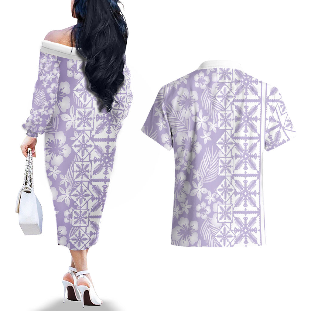 Pastel Purple Kahili Quilt Hawaii Couples Matching Off The Shoulder Long Sleeve Dress and Hawaiian Shirt Tropical Flower Seamless Half Style LT14 - Polynesian Pride