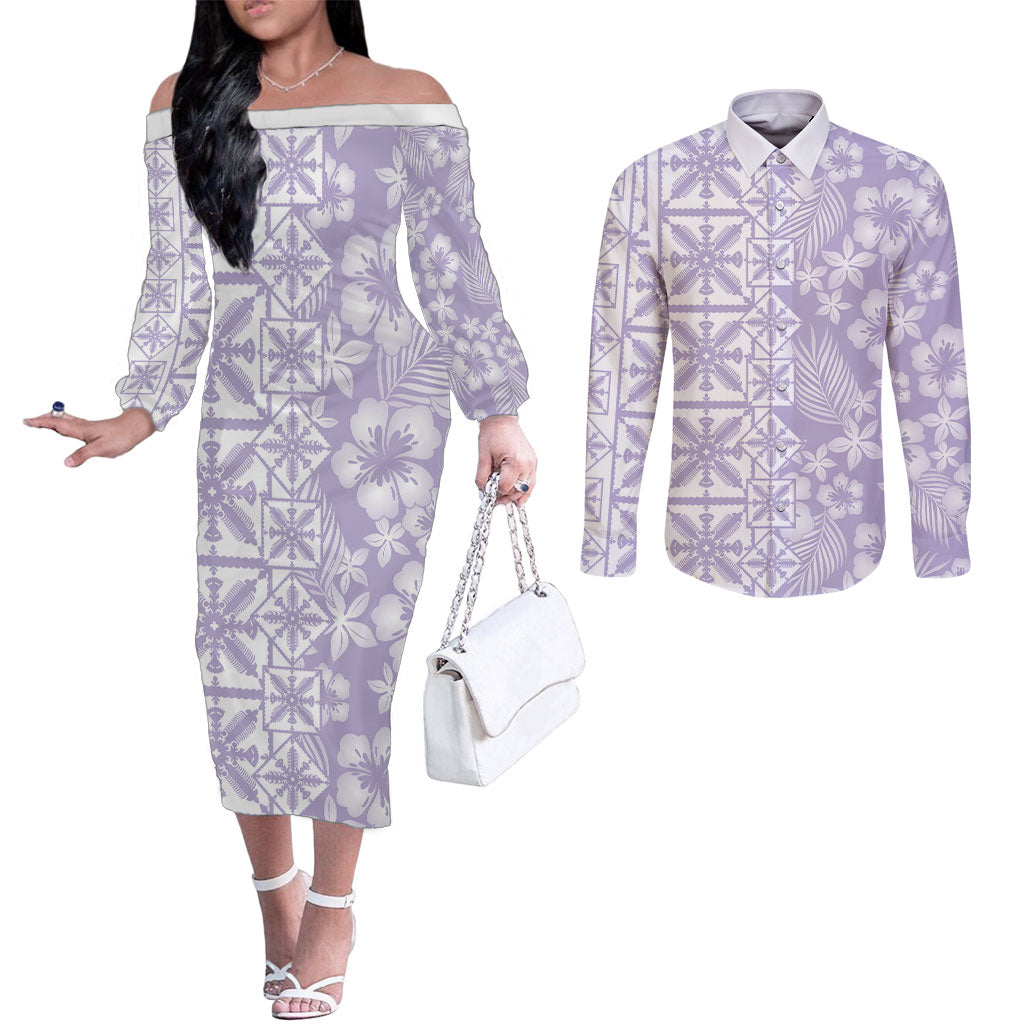Pastel Purple Kahili Quilt Hawaii Couples Matching Off The Shoulder Long Sleeve Dress and Long Sleeve Button Shirt Tropical Flower Seamless Half Style LT14 Purple - Polynesian Pride