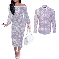 Pastel Purple Kahili Quilt Hawaii Couples Matching Off The Shoulder Long Sleeve Dress and Long Sleeve Button Shirt Tropical Flower Seamless Half Style LT14 Purple - Polynesian Pride