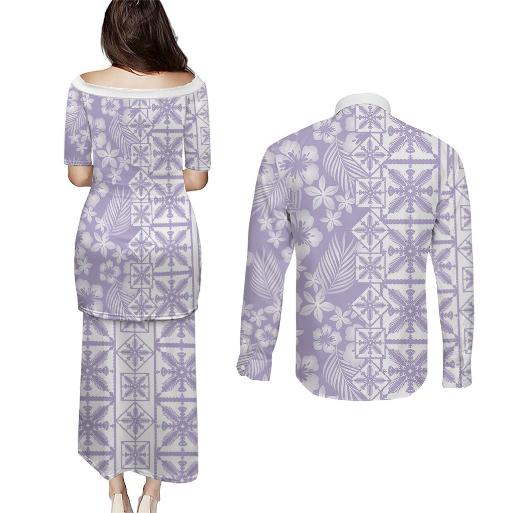Pastel Purple Kahili Quilt Hawaii Couples Matching Puletasi and Long Sleeve Button Shirt Tropical Flower Seamless Half Style LT14 - Polynesian Pride