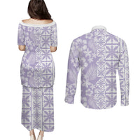 Pastel Purple Kahili Quilt Hawaii Couples Matching Puletasi and Long Sleeve Button Shirt Tropical Flower Seamless Half Style LT14 - Polynesian Pride