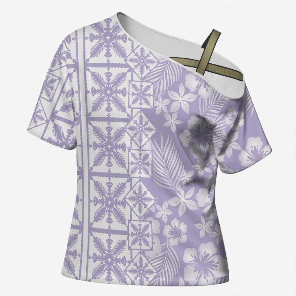 Pastel Purple Kahili Quilt Hawaii Cross Shoulder Shirt Tropical Flower Seamless Half Style LT14 Female Purple - Polynesian Pride