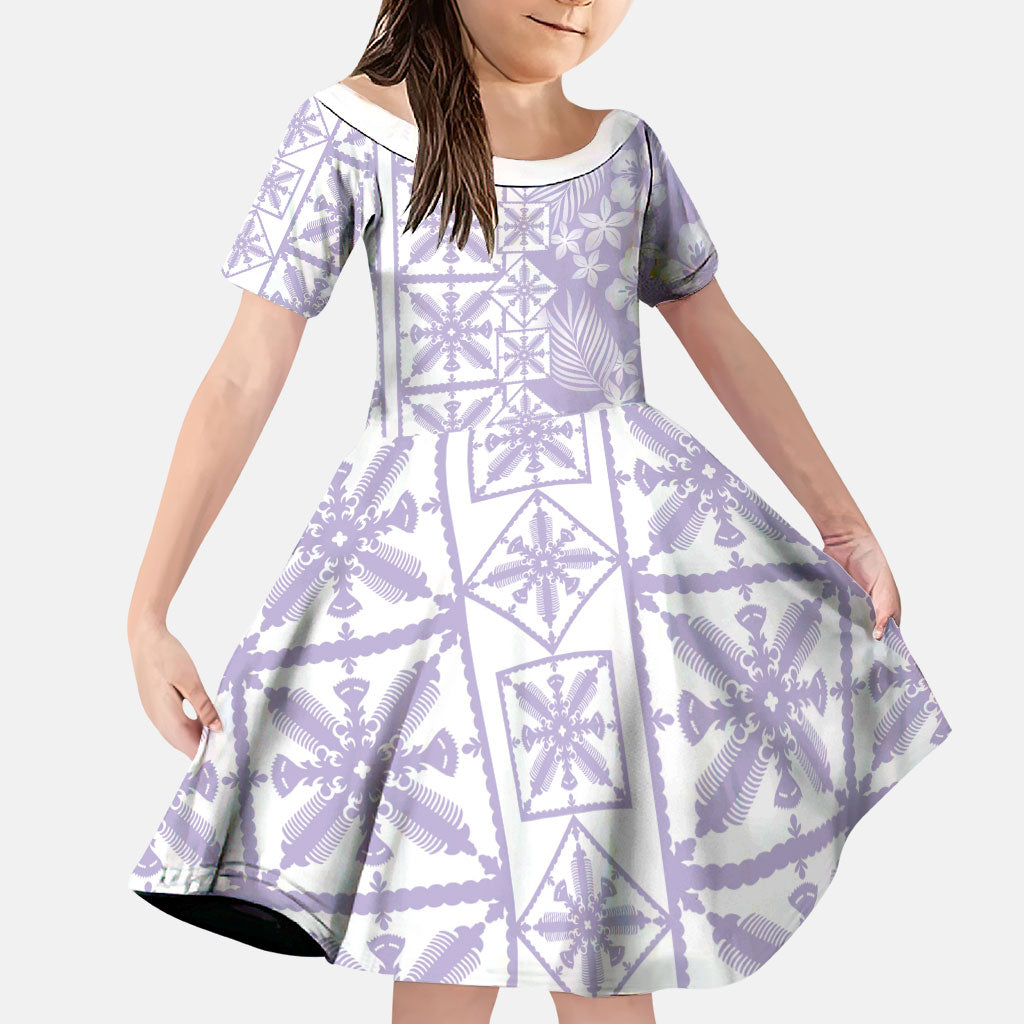 Pastel Purple Kahili Quilt Hawaii Family Matching Off The Shoulder Long Sleeve Dress and Hawaiian Shirt Tropical Flower Seamless Half Style LT14 Daughter's Dress Purple - Polynesian Pride