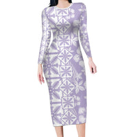 Pastel Purple Kahili Quilt Hawaii Long Sleeve Bodycon Dress Tropical Flower Seamless Half Style LT14 Long Dress Purple - Polynesian Pride
