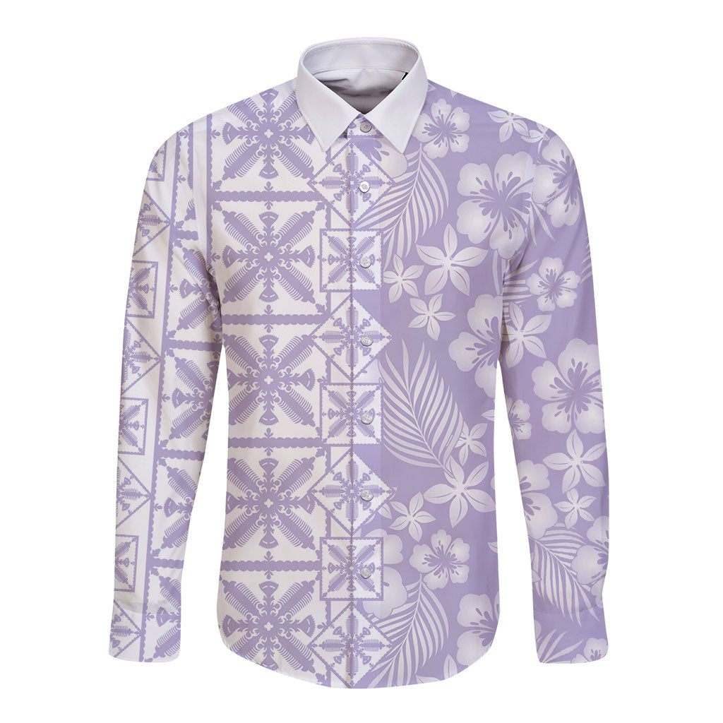 Pastel Purple Kahili Quilt Hawaii Long Sleeve Button Shirt Tropical Flower Seamless Half Style LT14 Unisex Purple - Polynesian Pride