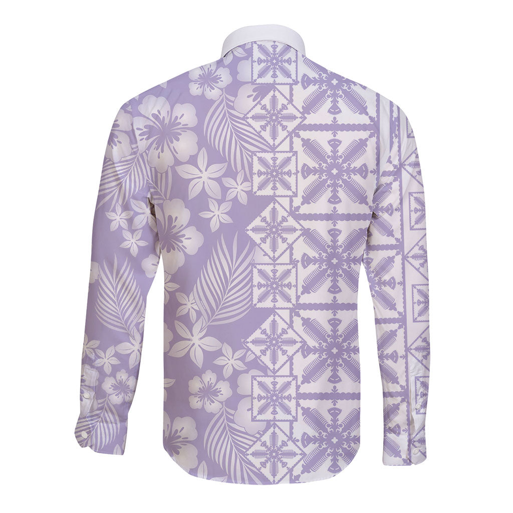 Pastel Purple Kahili Quilt Hawaii Long Sleeve Button Shirt Tropical Flower Seamless Half Style LT14 - Polynesian Pride