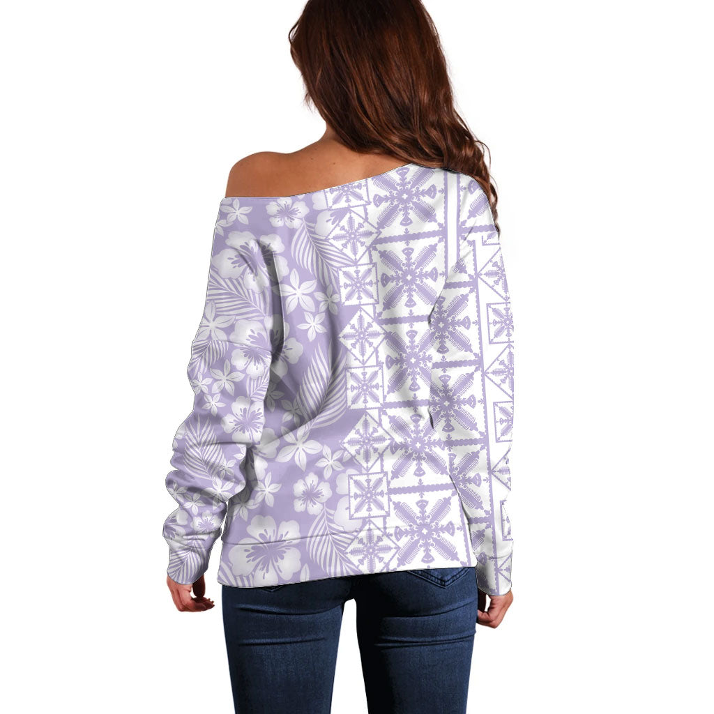 Pastel Purple Kahili Quilt Hawaii Off Shoulder Sweater Tropical Flower Seamless Half Style LT14 - Polynesian Pride
