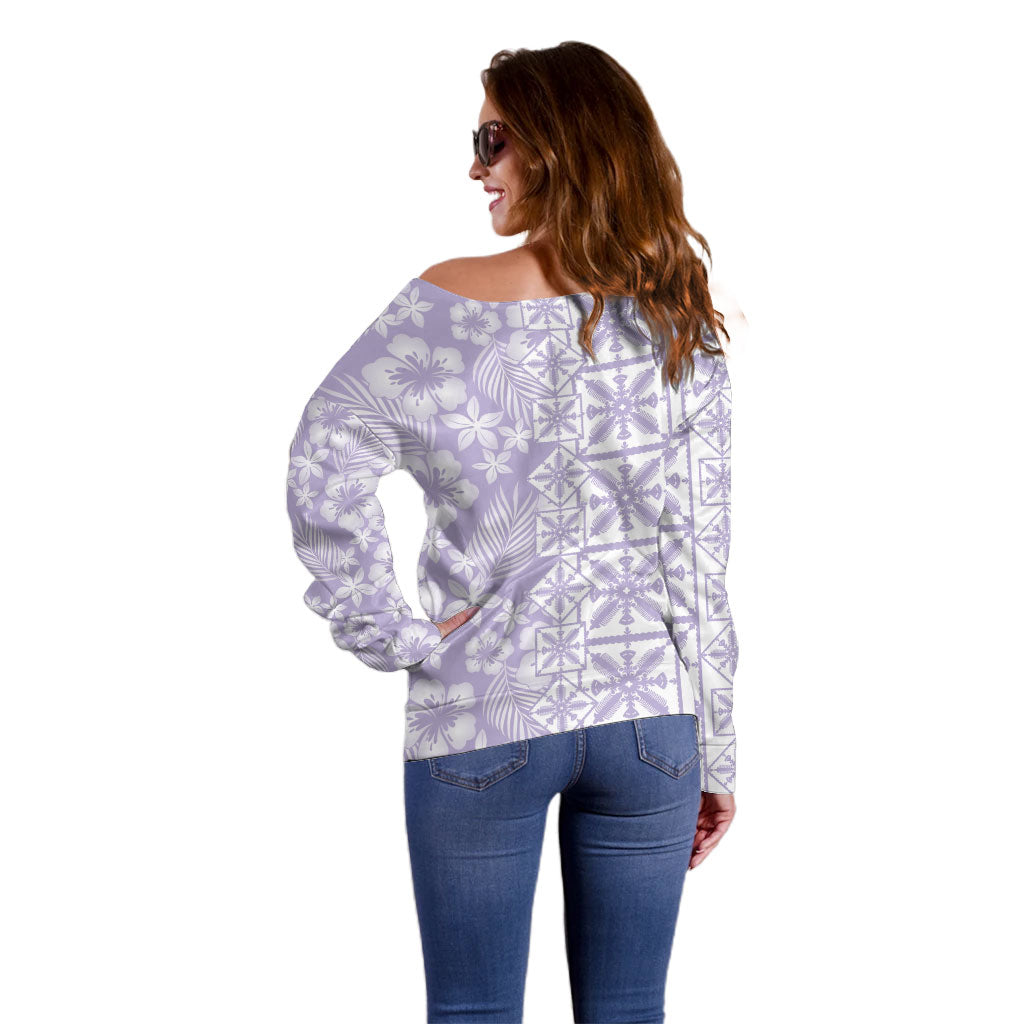 Pastel Purple Kahili Quilt Hawaii Off Shoulder Sweater Tropical Flower Seamless Half Style LT14 - Polynesian Pride