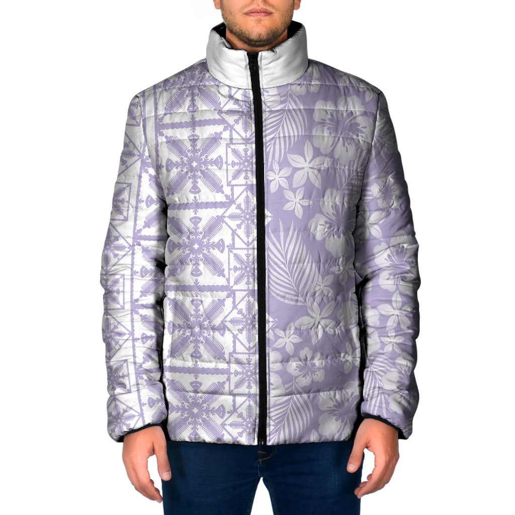Pastel Purple Kahili Quilt Hawaii Padded Jacket Tropical Flower Seamless Half Style LT14 Men Purple - Polynesian Pride