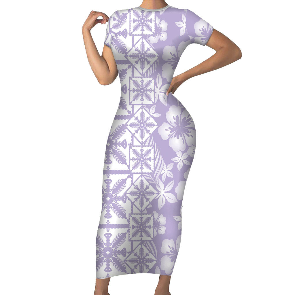 Pastel Purple Kahili Quilt Hawaii Short Sleeve Bodycon Dress Tropical Flower Seamless Half Style LT14 Long Dress Purple - Polynesian Pride