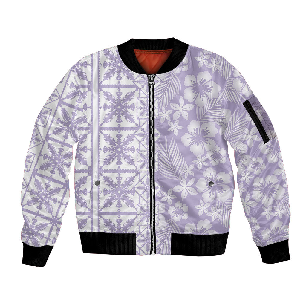 Pastel Purple Kahili Quilt Hawaii Sleeve Zip Bomber Jacket Tropical Flower Seamless Half Style LT14 Unisex Purple - Polynesian Pride