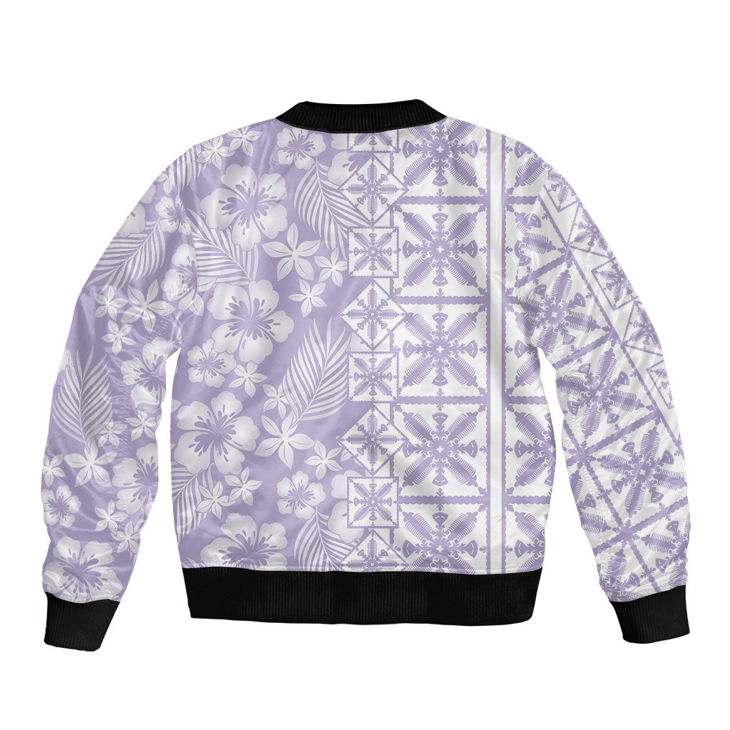 Pastel Purple Kahili Quilt Hawaii Sleeve Zip Bomber Jacket Tropical Flower Seamless Half Style LT14 - Polynesian Pride