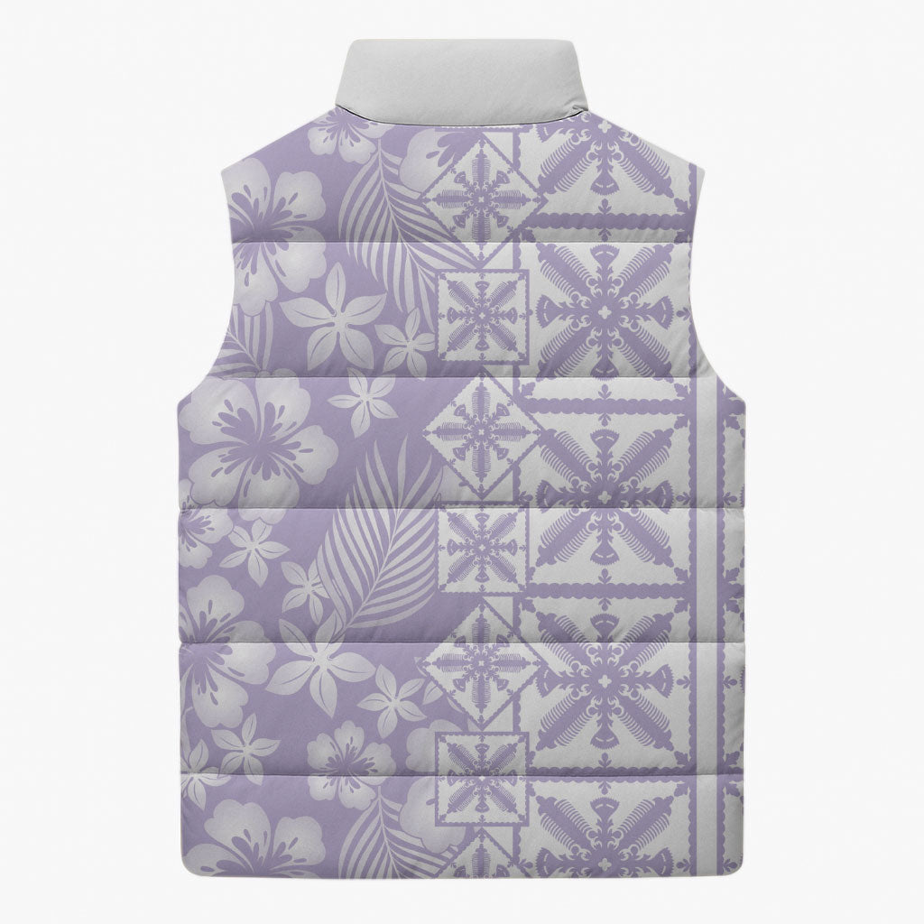 Pastel Purple Kahili Quilt Hawaii Sleeveless Puffer Jacket Tropical Flower Seamless Half Style LT14 - Polynesian Pride