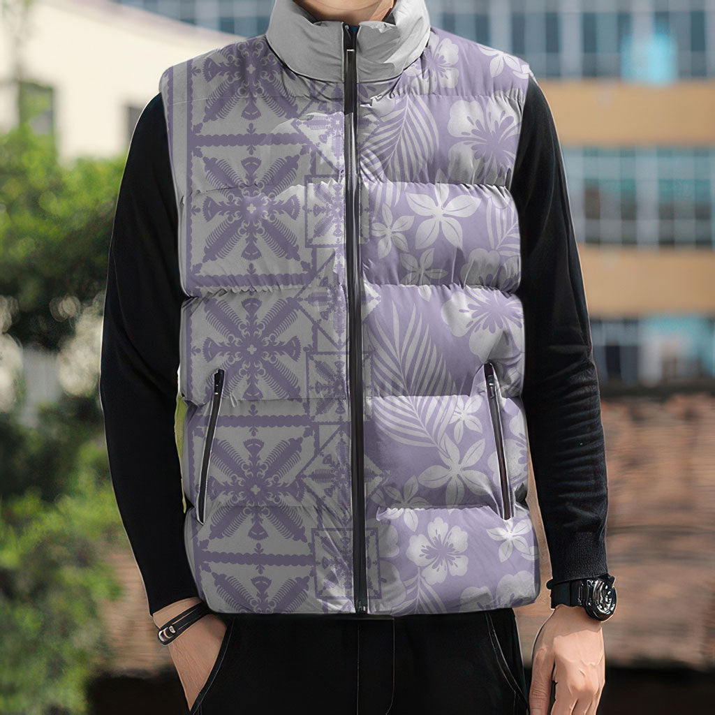 Pastel Purple Kahili Quilt Hawaii Sleeveless Puffer Jacket Tropical Flower Seamless Half Style LT14 - Polynesian Pride