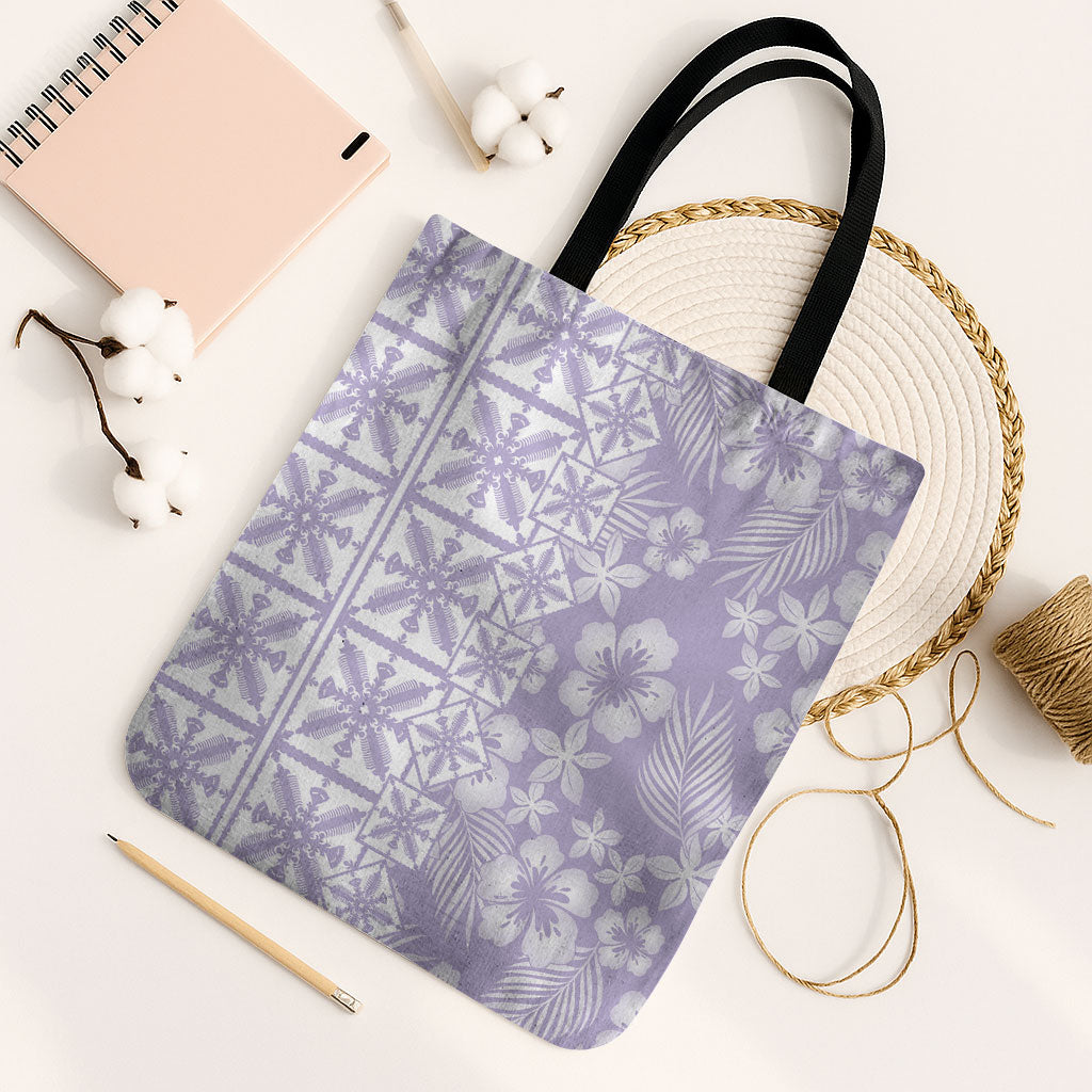 Pastel Purple Kahili Quilt Hawaii Tote Bag Tropical Flower Seamless Half Style LT14 Black Strap One Size Purple - Polynesian Pride