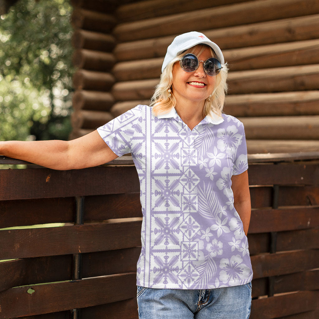Pastel Purple Kahili Quilt Hawaii Women Polo Shirt Tropical Flower Seamless Half Style LT14 - Polynesian Pride