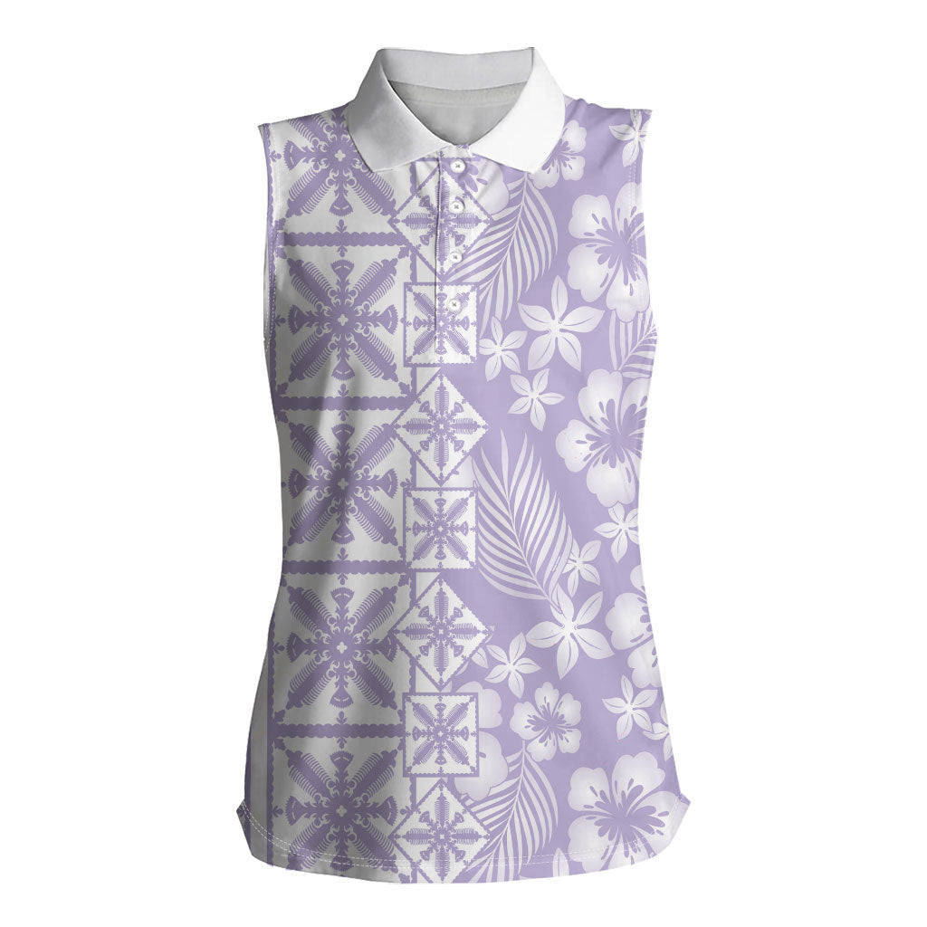 Pastel Purple Kahili Quilt Hawaii Women Sleeveless Polo Shirt Tropical Flower Seamless Half Style LT14 Female Purple - Polynesian Pride
