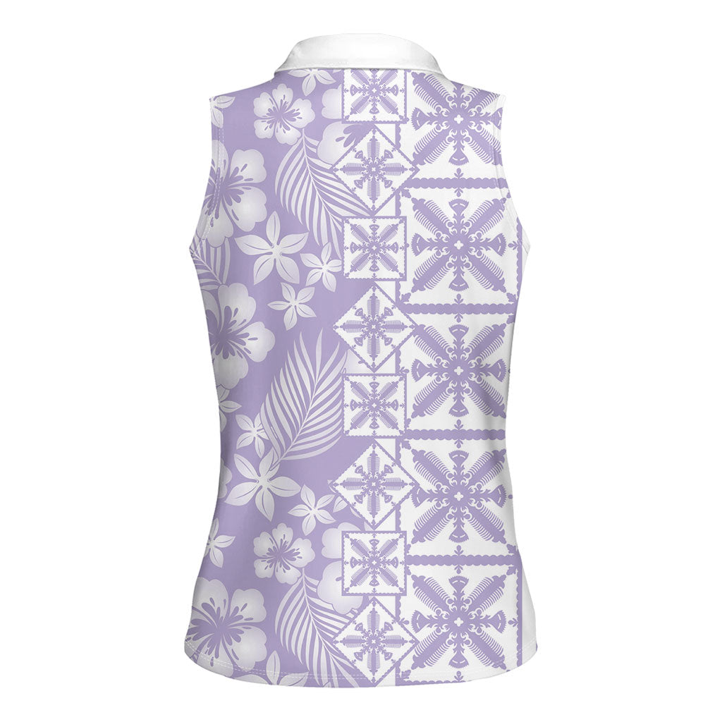 Pastel Purple Kahili Quilt Hawaii Women Sleeveless Polo Shirt Tropical Flower Seamless Half Style LT14 - Polynesian Pride