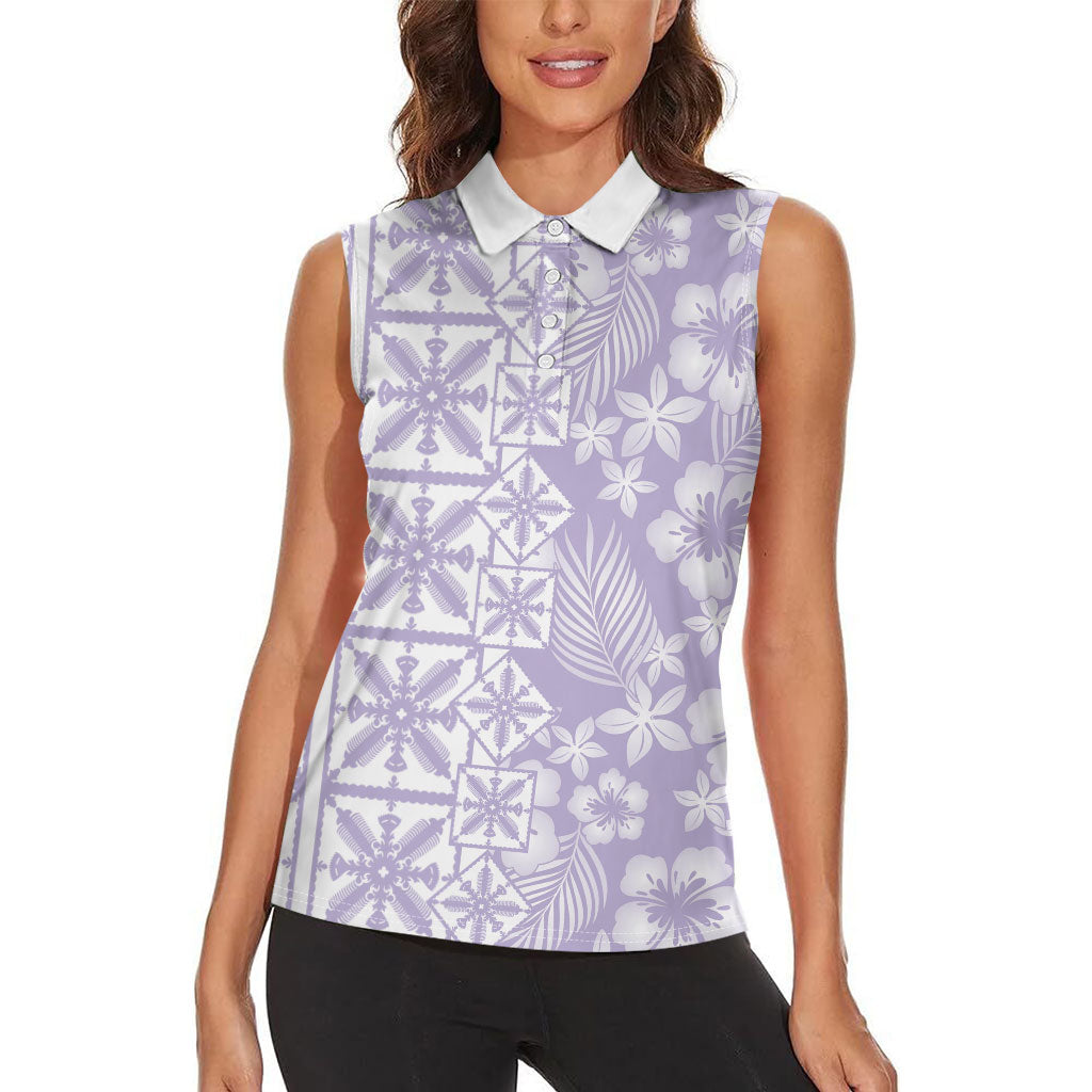 Pastel Purple Kahili Quilt Hawaii Women Sleeveless Polo Shirt Tropical Flower Seamless Half Style LT14 - Polynesian Pride