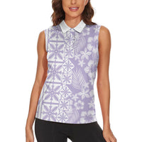 Pastel Purple Kahili Quilt Hawaii Women Sleeveless Polo Shirt Tropical Flower Seamless Half Style LT14 - Polynesian Pride