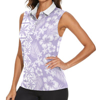 Pastel Purple Kahili Quilt Hawaii Women Sleeveless Polo Shirt Tropical Flower Seamless Half Style LT14 - Polynesian Pride