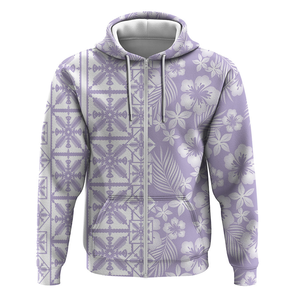 Pastel Purple Kahili Quilt Hawaii Zip Hoodie Tropical Flower Seamless Half Style LT14 Zip Hoodie Purple - Polynesian Pride