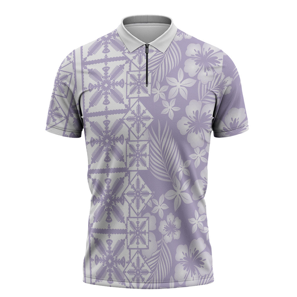 Pastel Purple Kahili Quilt Hawaii Zipper Polo Shirt Tropical Flower Seamless Half Style LT14 Purple - Polynesian Pride