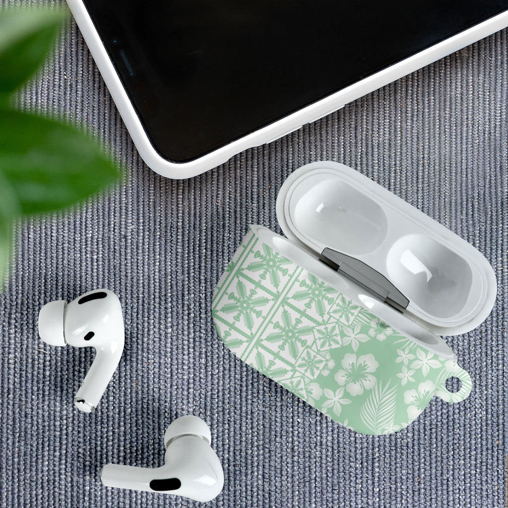 Pastel Green Kahili Quilt Hawaii AirPods Case Tropical Flower Seamless Half Style LT14 - Polynesian Pride
