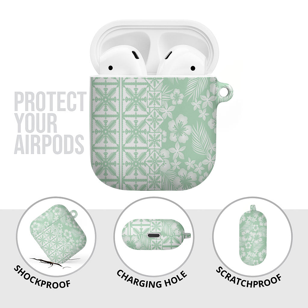 Pastel Green Kahili Quilt Hawaii AirPods Case Tropical Flower Seamless Half Style LT14 - Polynesian Pride