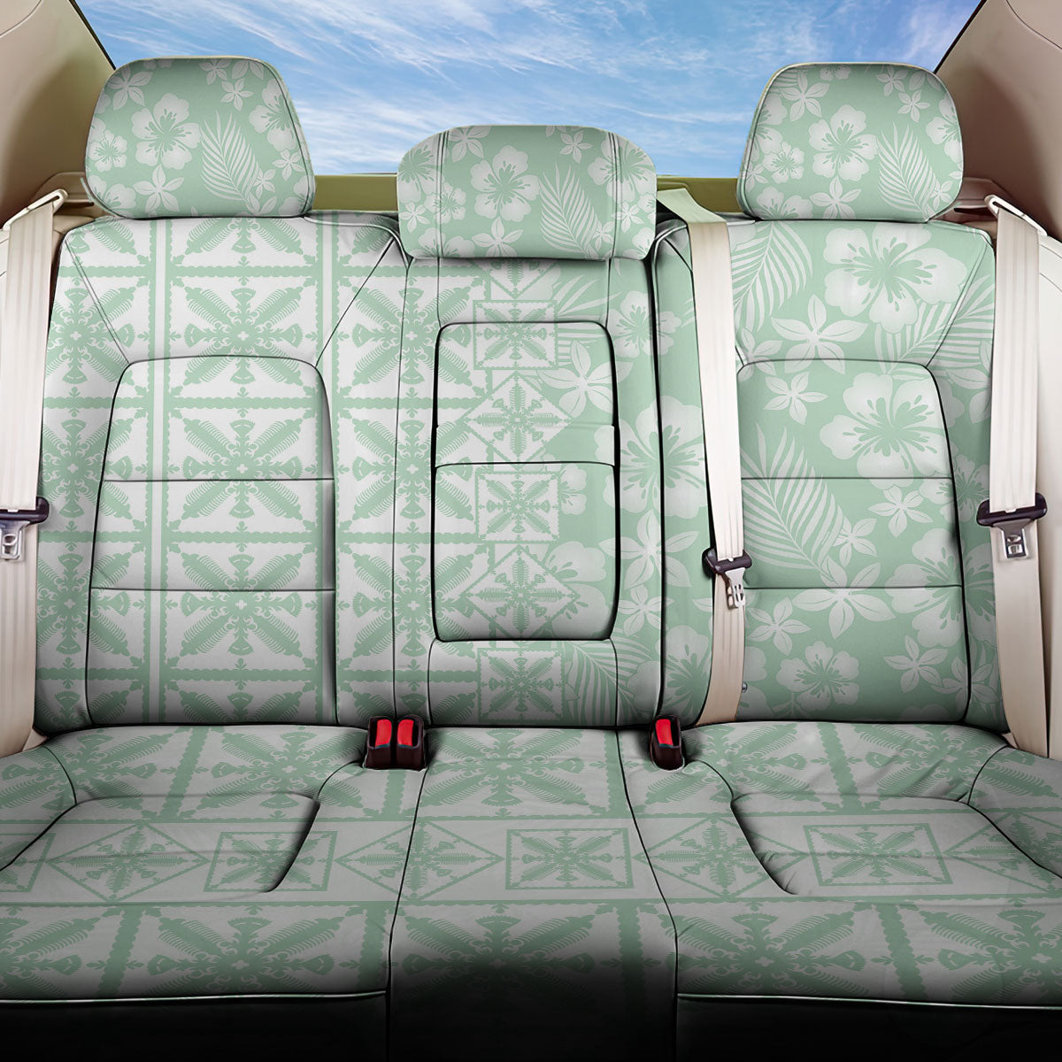 Pastel Green Kahili Quilt Hawaii Back Car Seat Cover Tropical Flower Seamless Half Style LT14 One Size Green - Polynesian Pride